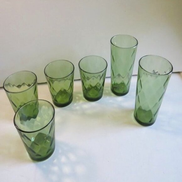 Mid Century Drinking Glasses Hazel Green Atlas Optic Diamond shaped - Picture 1 of 6
